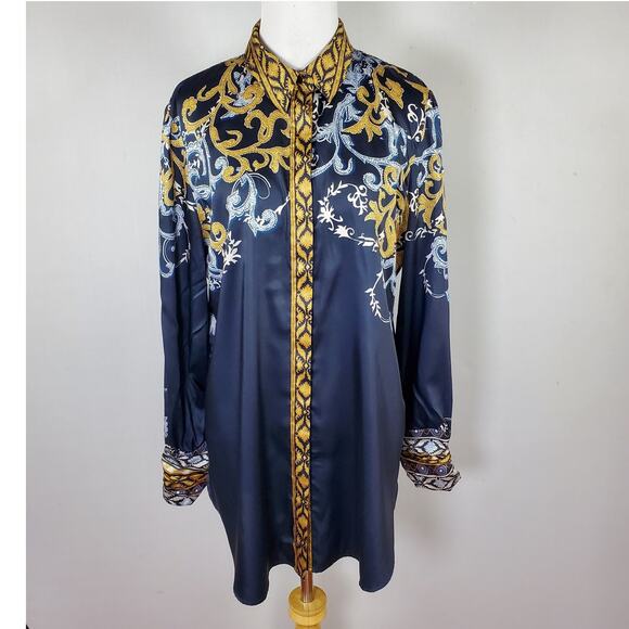 Chico's Tops - Chico’s Sz 1 Ruched Cuff Placed Print Tunic Top Button Down Chicos Sz M / 8